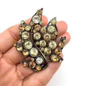 Vtg BSK Leaf Brooch Pot Metal Pin Aurora Borealis Rhinestone Crystal Signed